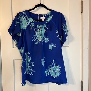 Floral Womens Blouse Blue White Flutter Sleeve Keyhole Back Large resort wear